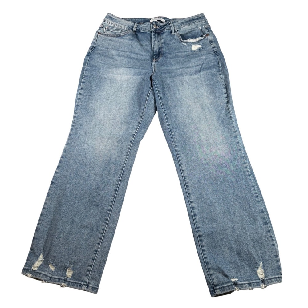 Judy Blue Straight Fit Jeans Women 16W (FITS 32x29) Blue Distressed Frayed Hem